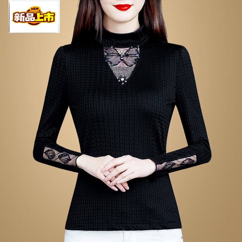 Early diameter half turtleneck bottoming shirt for women, autumn and winter 2025 new style plus velvet and thickened long-sleeved lace warm black top, black regular M
