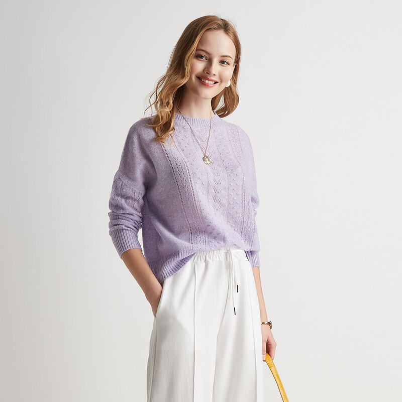 PALUOPO 100% Cashmere Autumn and Winter Hollow Cable Design Lady's Loose Temperament Knitted Cashmere Sweater for Women Light Purple Flower XL 110