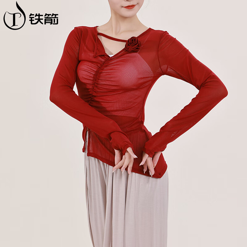 TIEJIAN Classical Dance Practice Clothes Body Rhyme Gauze Chinese Elegant Mesh Adult Top Red Long Sleeve Danxianghong S