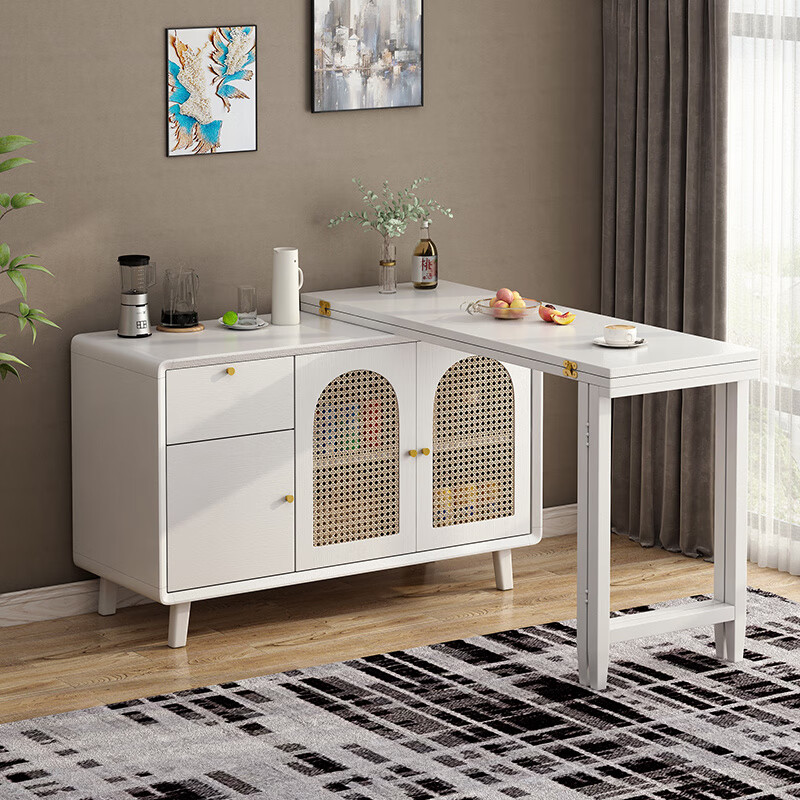 Iosn island dining table integrated retractable solid wood folding dining table sideboard island Chinese style small apartment home backrest HQ1037 walnut color installation included