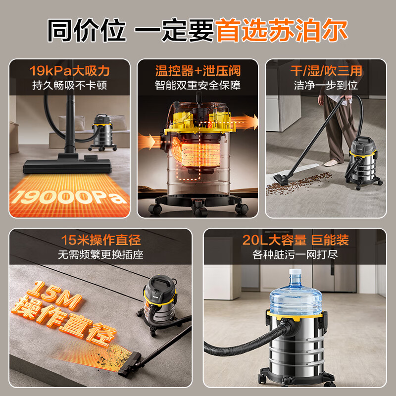 Supor bucket vacuum cleaner handheld household large suction 20L dry and wet blowing three-use stainless steel industrial wasteland cleaning equipment commercial carpet pet high-power wired bucket suction 73S