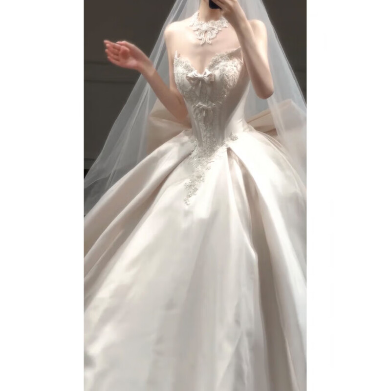 Wutuo wedding dress light gauze French satin tube top 2025 new bridal texture style small heavy industry main yarn white floor-length + vest (plus three-piece set) M