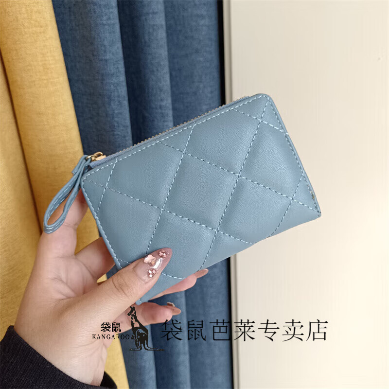 Kangaroo European and American small fragrance style wallet for women, simple embroidered zipper clutch, multiple card slots, versatile buckle short wallet, blue