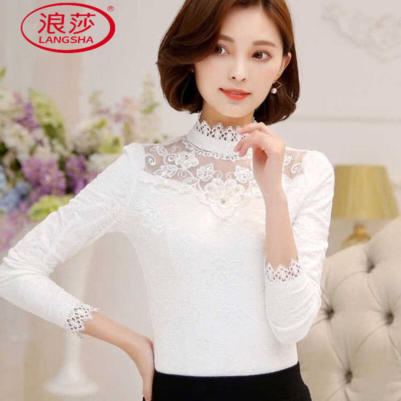 LangSha thin/velvet thickened lace bottoming shirt for women 2025 new autumn and winter long-sleeved women's tops plus size women's black plus velvet XL Height 160 110-120 catties