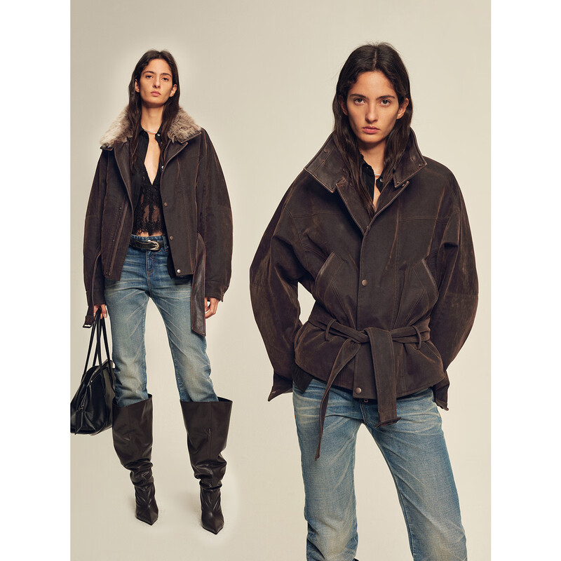 Fu Zhien CHIC PARKA modern traveler detachable toca fur collar fur goose down parka jacket dark coffee S