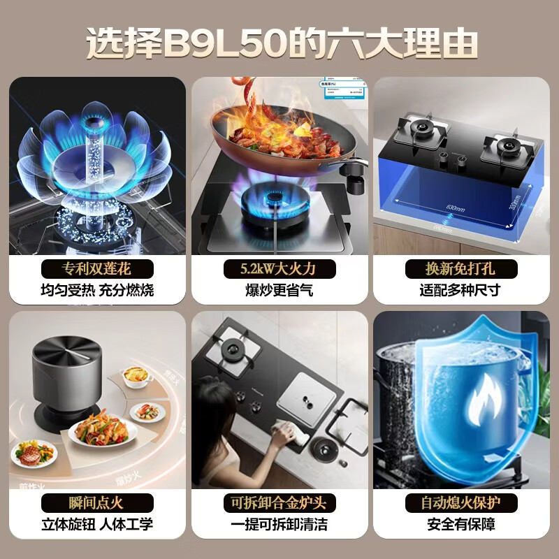 Wanhe gas stove Blue Lotus B9 5.2kW natural gas fierce fire smoke stove linkage trade-in embedded household gas double stove table B9L50