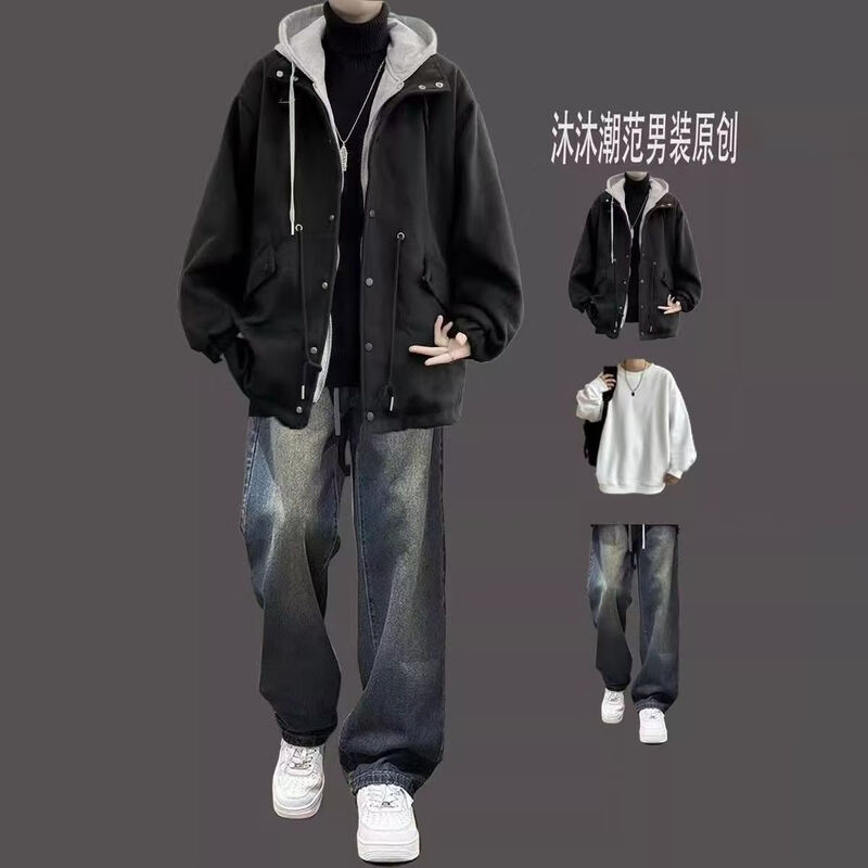 Xingsuyao (xingsuyao) fake two-piece hooded jacket men's suit autumn and winter Korean style loose woolen coat men's high-end fashion three-piece suit black + long white T + pants blue XL