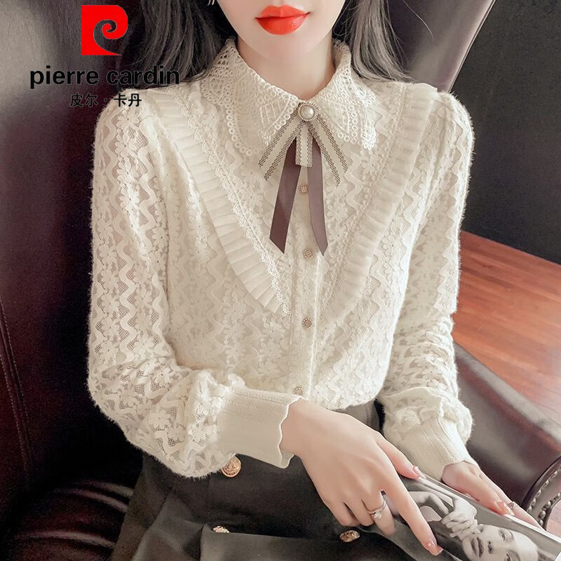 Pierre Cardin velvet thickened lace bottoming shirt for women autumn and winter style new winter shirt women's fashionable inner warm top apricot full body official flagship plus velvet S 80-95 pounds