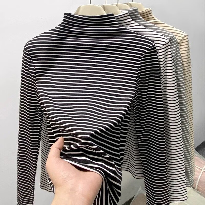 Langsha striped bottoming shirt for women winter 2025 new double-sided brushed half-high collar slim slim long-sleeved inner top