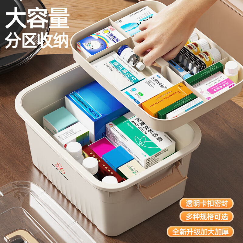 Purchased over 10,000 times, household medicine storage box, medicine box, family large size medicine first aid multi-layer classification, portable storage box - large size 30*22*16cm