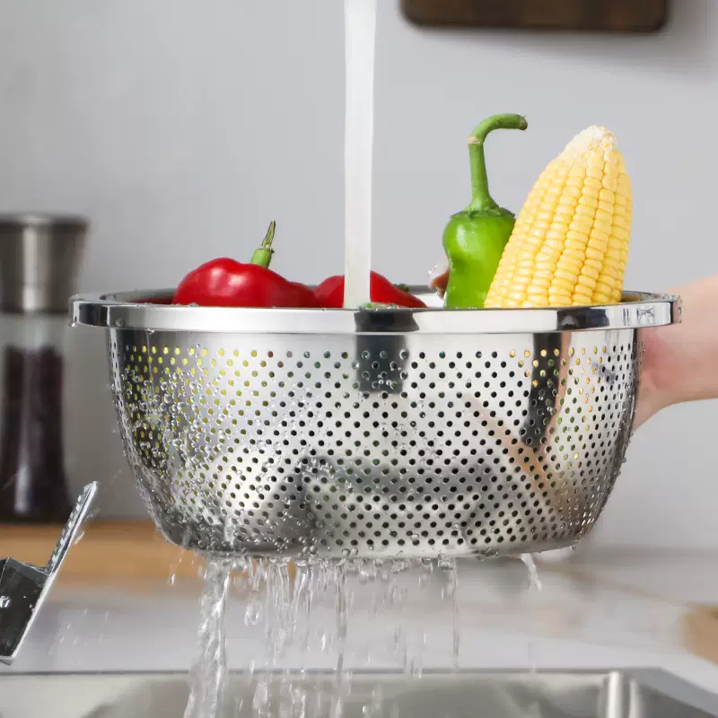 Yusenyi 304 stainless steel basin, vegetable basin, drain basket, leaky basin, kitchen household water filter basket, rice basket, basin (304) 18cm extra thick drain basin