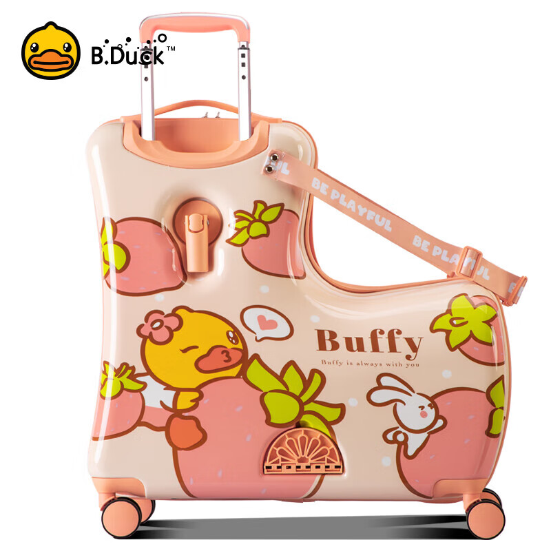 Bduck little yellow duck can sit and ride children's luggage lightweight trolley case men's and women's suitcase baby suitcase Strawberry little yellow duck armrests and pedals foldable 24 inches