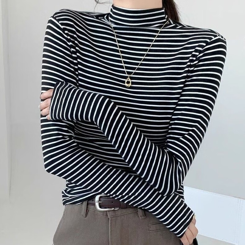 Langsha striped bottoming shirt for women winter 2025 new double-sided brushed half-high collar slim slim long-sleeved inner top