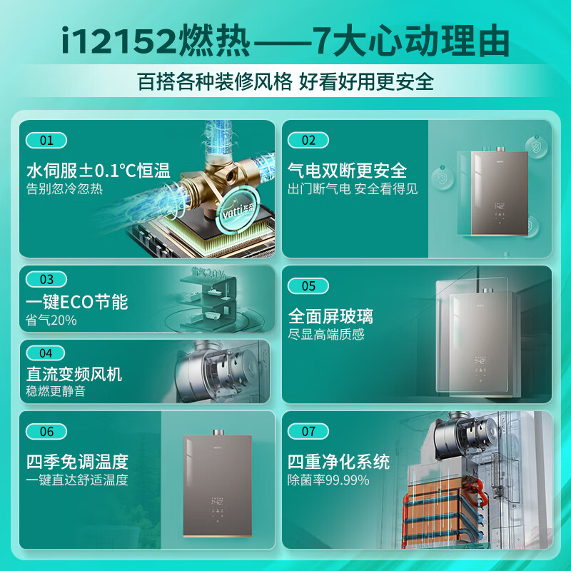 VATTI 8A first-level constant temperature + first-level silent first-level energy-saving state subsidy 15% water servo ECO energy-saving glass screen 16-liter gas water heater natural gas i12152-16