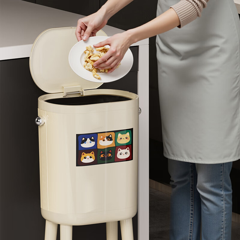 ASCOR household trash can 2025 new model without bending, high appearance, high-foot kitchen push-type large capacity with wheels, removable, cream white 16L, cat style, double buckets inside and outside | with universal wheels