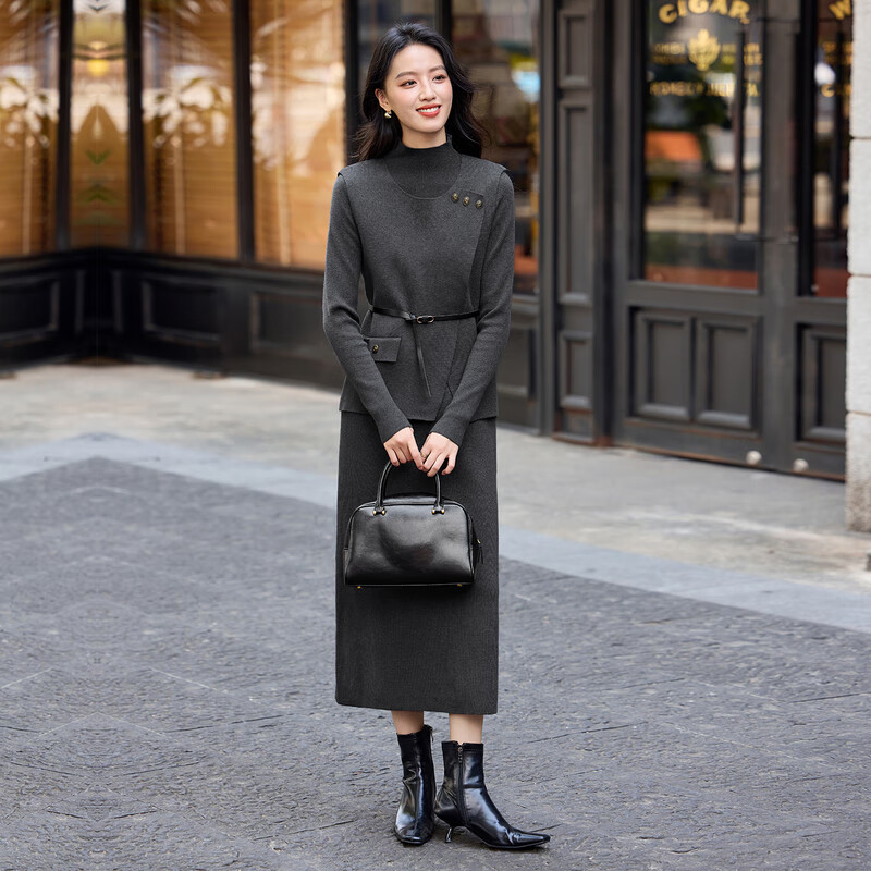 Shandubila knitted suit for women winter round neck vest half turtleneck bottoming shirt high waist straight skirt warm three-piece set