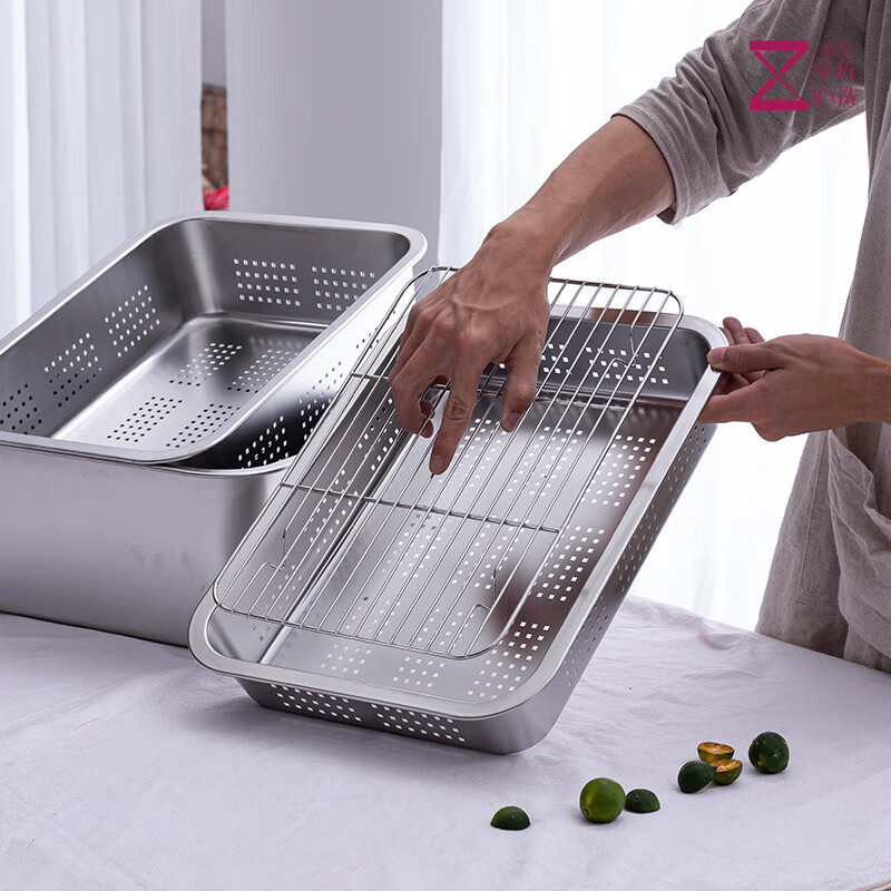 Muke 304 stainless steel square basin drain basket filter large mesh basin drain basket drain basin wash basin drip tray square box 32x22 double layer model (drainage 7cm + storage 10cm)
