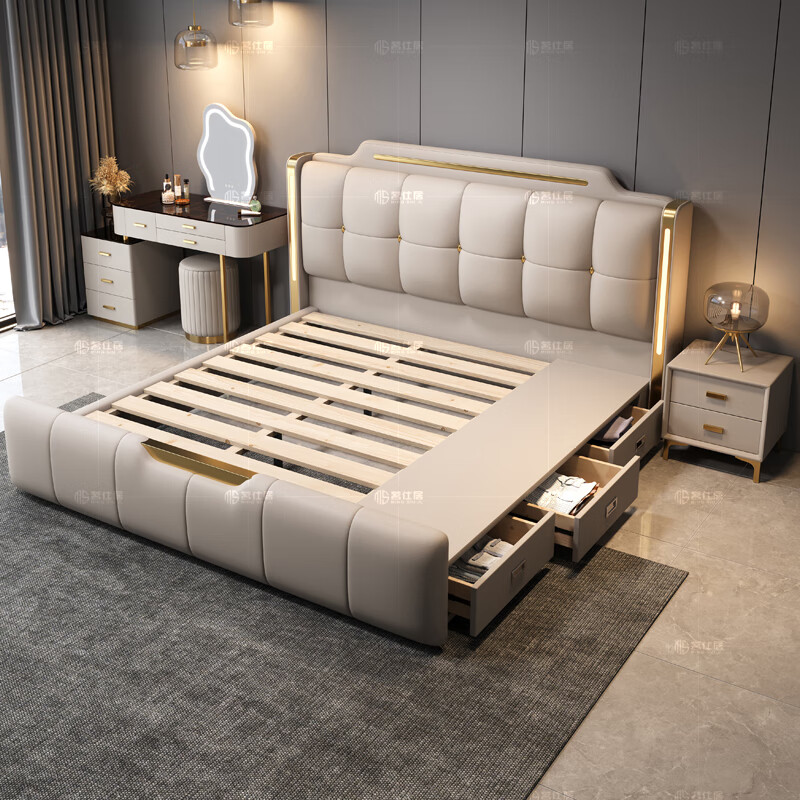 Mingshiju Italian style light luxury leather bed master bedroom double bed 1.8m x 2m soft bed 656# 1.8m + latex mattress