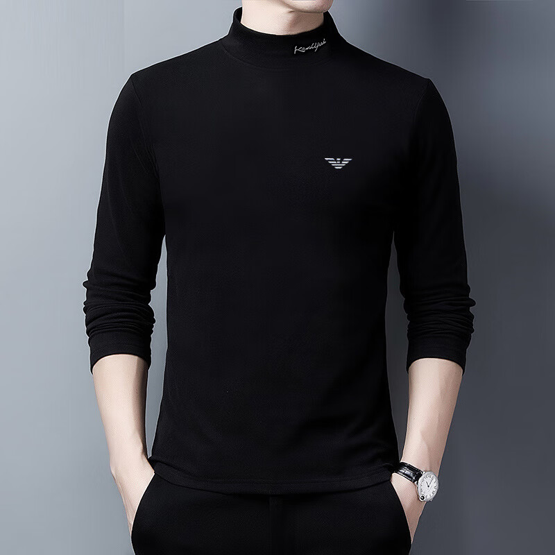 ARMANI EXCHANGE Armani no-iron long-sleeved T-shirt for men spring and autumn new inner top sweatshirt double-sided German velvet semi-turtle collar bottoming shirt high collar black 03 M 165 recommended 100-120 pounds