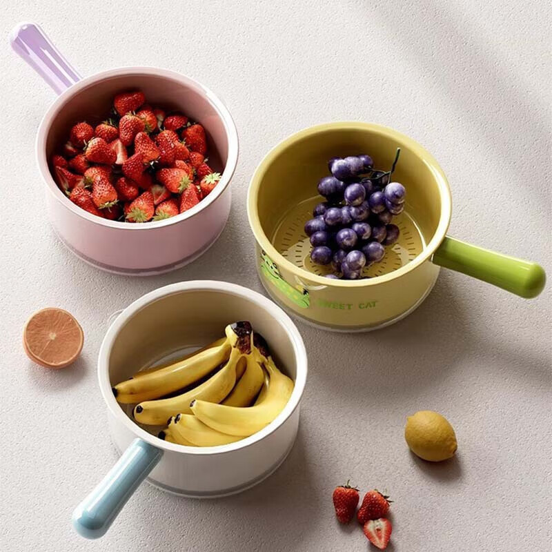 Double-layer drain basket, household sink basin water scoop, living room fruit plate, plastic thickened kitchen drain basket with handle, pink 1 piece