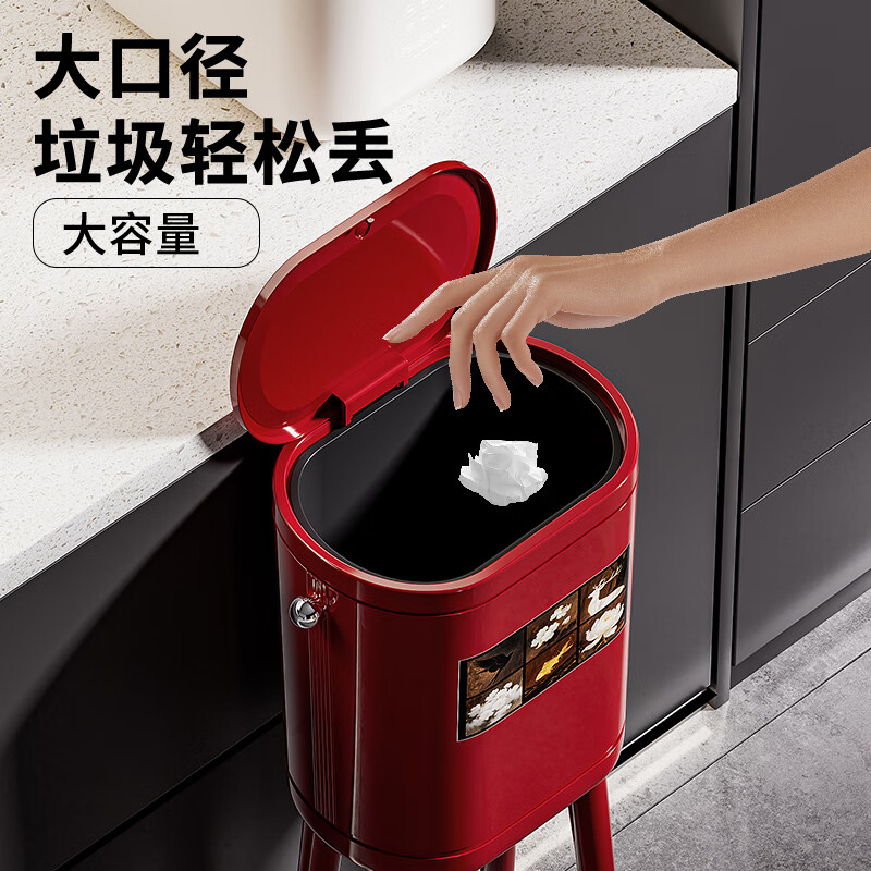 ASCOR household trash can 2025 new model without bending, high appearance, high-foot kitchen push-type large capacity with wheels, removable, cream white 16L, cat style, double buckets inside and outside | with universal wheels