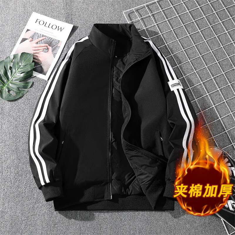 Playboy 2025 Spring and Autumn Jacket Men's Stand Collar Jacket Casual Sports Outdoor Trend Three Stripes Single Clothes Men's Clothes Velvet Thickened Black XL