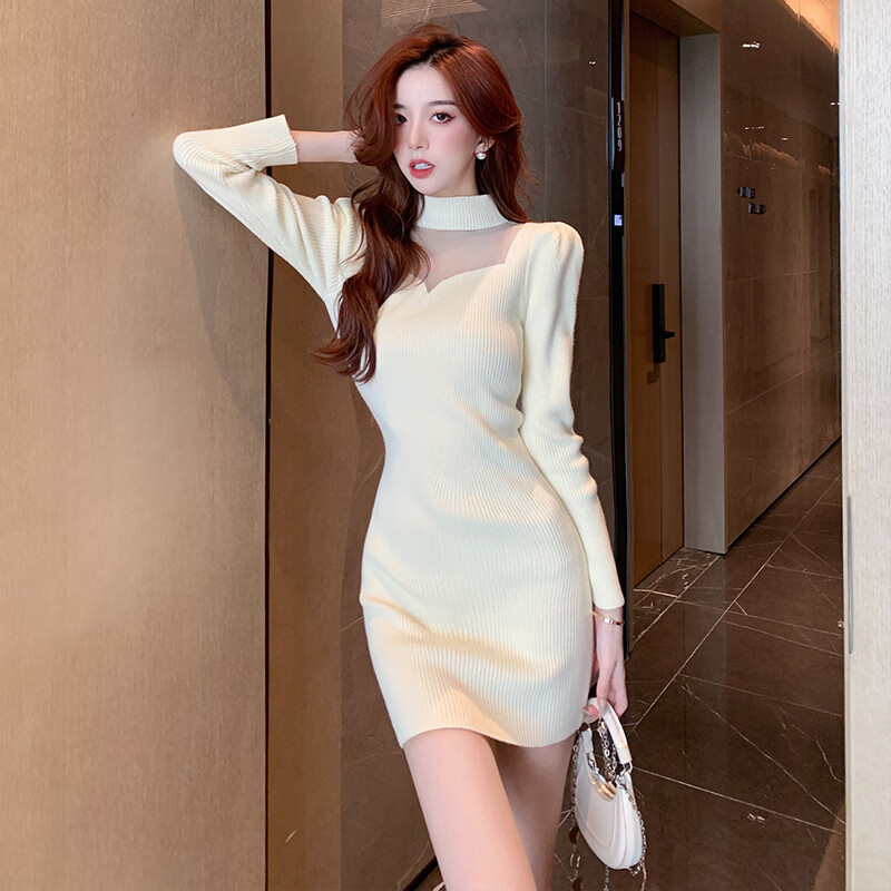 Yoekbird white knitted sweater dress for women autumn and winter 2025 new coat with bottoming slim fit hip skirt apricot style S recommended 80kg-90kg