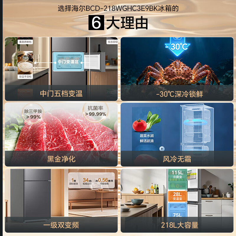 Haier 218-liter refrigerator three-door small dormitory rental home refrigerator first-class energy efficiency energy-saving air-cooled frost-free BCD-218WGHC3E9BK trade-in