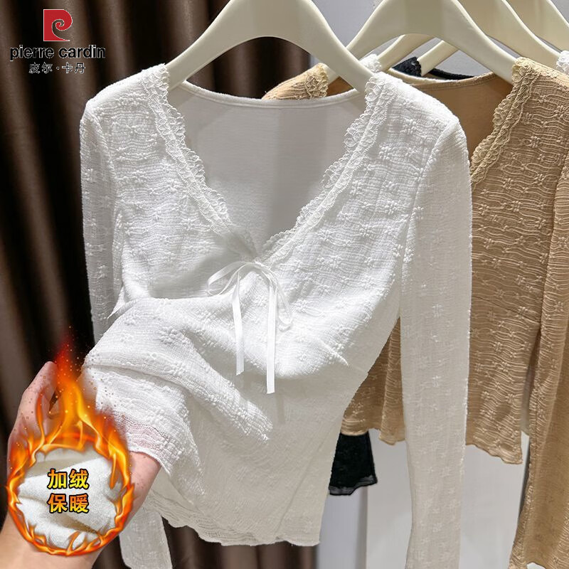 Pierre Cardin large size velvet thickened lace bottoming shirt women's fat m girl autumn and winter warm inner wear V-neck mesh long-sleeved T-shirt white velvet thickened XXS