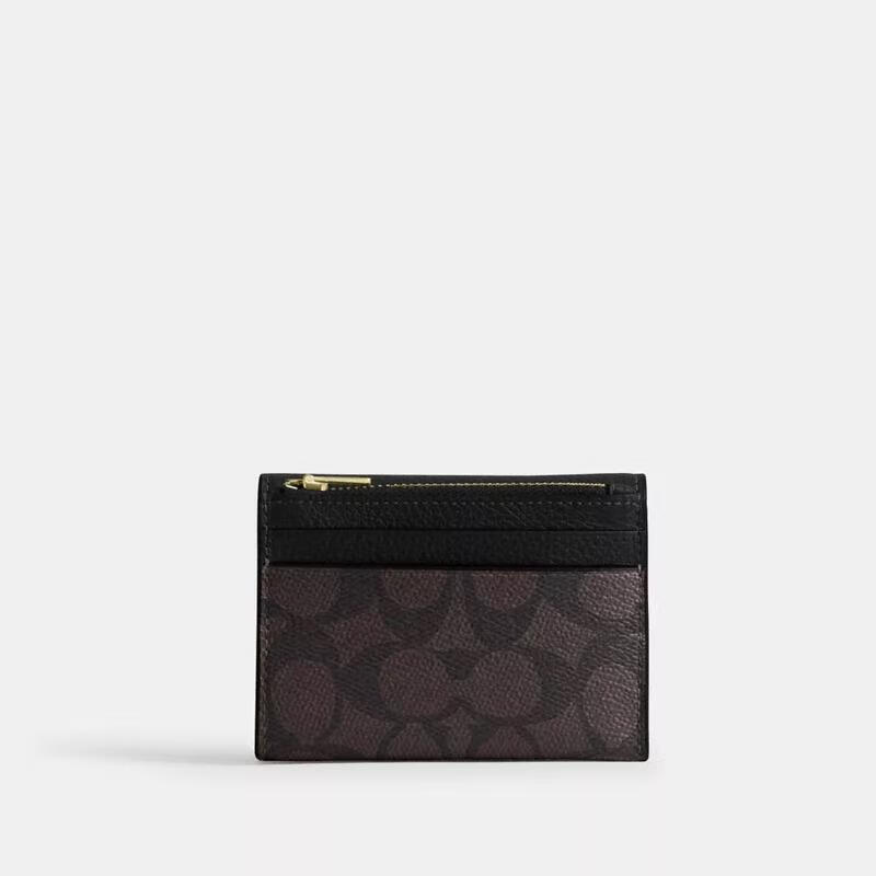 COACH women's card holder, multi-card slot design, removable card holder, zipper pocket, snap button closure, black leather material Walnut/Black