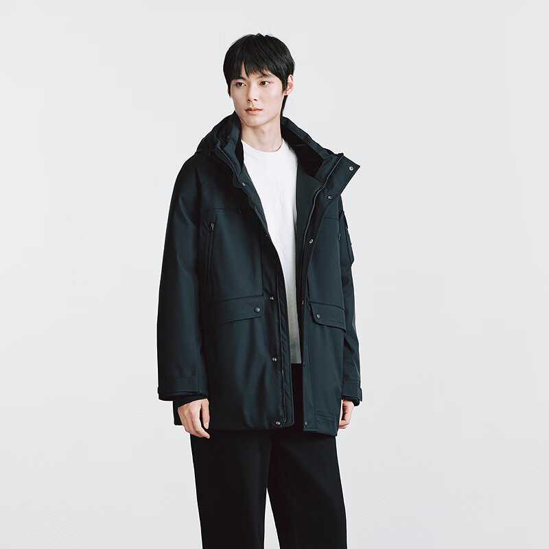 GXG Men's Two-color Workwear Style Waterproof Zipper Design Mid-Length Down Jacket 2025 Winter New Product Black S