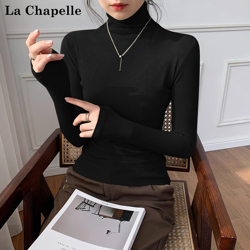 La Chapelle turtleneck bottoming shirt for women, autumn and winter new threaded thin tight long-sleeved knitted top, black S
