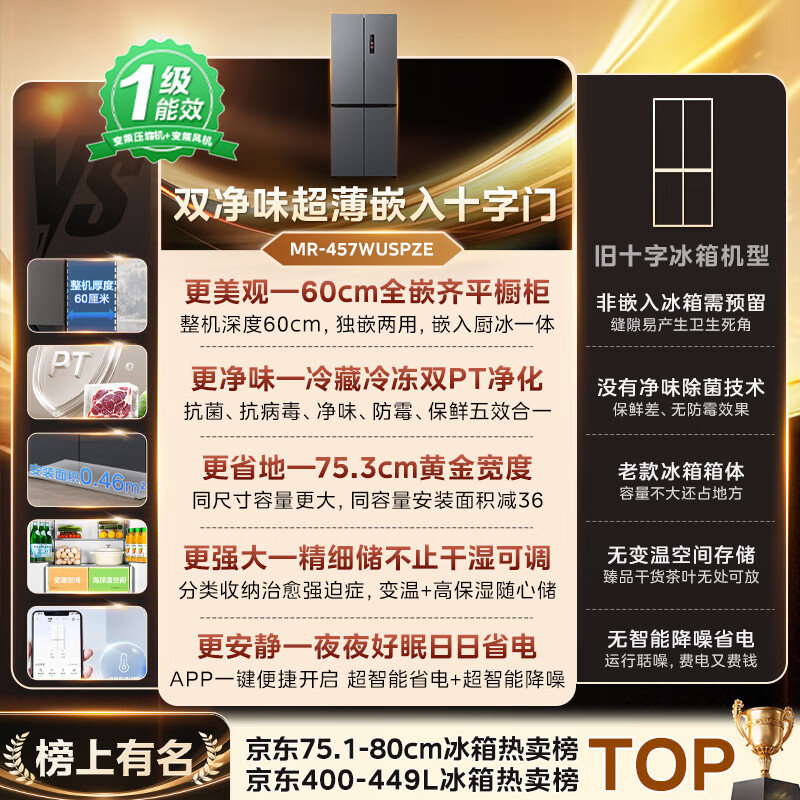 Midea 457 cross-door refrigerator 436 liters ultra-thin zero-embedded double-pure antibacterial first-level energy efficiency air-cooled frost-free sky gray MR-457WUSPZE national subsidy