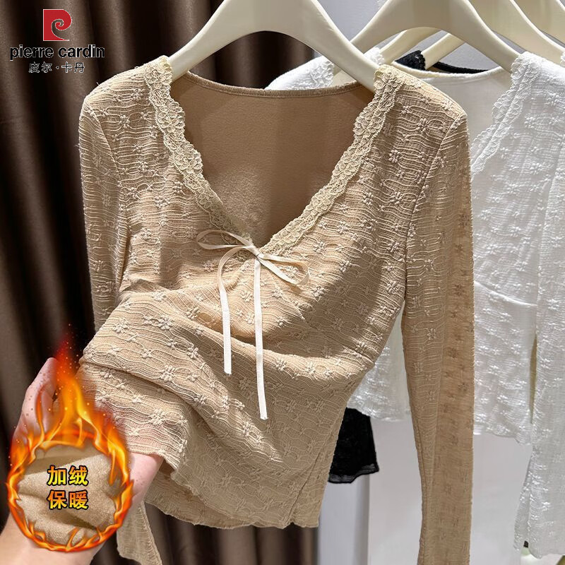 Pierre Cardin large size velvet thickened lace bottoming shirt women's fat m girl autumn and winter warm inner wear V-neck mesh long-sleeved T-shirt white velvet thickened XXS