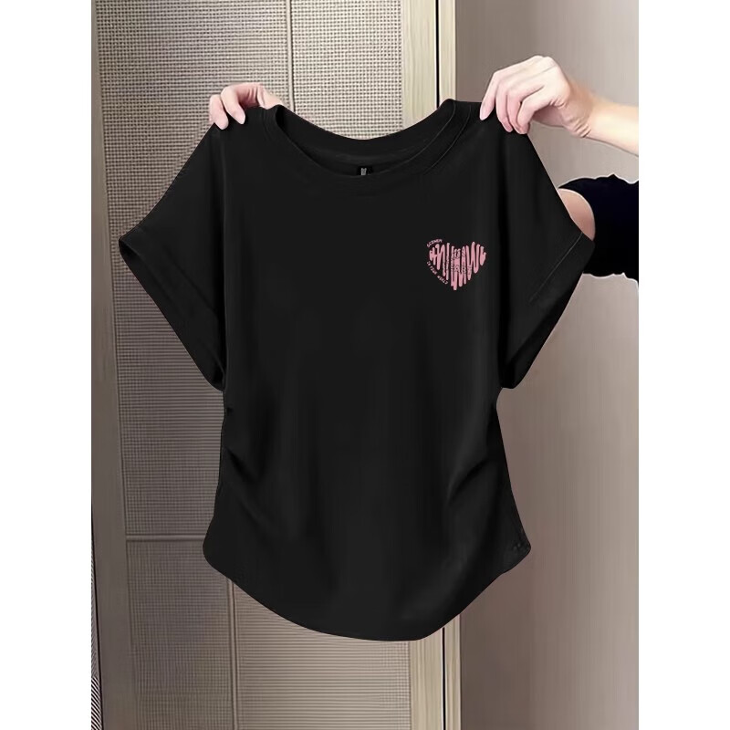 Waist slimming small flying sleeves t-shirt for women 2025 new summer bottoming shirt short-sleeved round neck curved hem top pink L recommended 101-120 catties