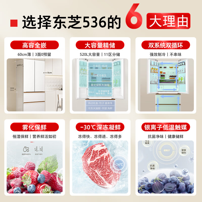 Toshiba (TOSHIBA) high capacity fully embedded 520L French multi-door refrigerator dual system dual cycle ultra-thin embedded glass panel freshness household frequency conversion GR-RF536WI-PG1D4 national subsidy