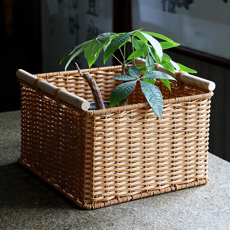 Storage basket imitation rattan Japanese-style storage box simple living room study cabinet finishing basket snack storage box wooden handle brown double opening 30*30*21cm
