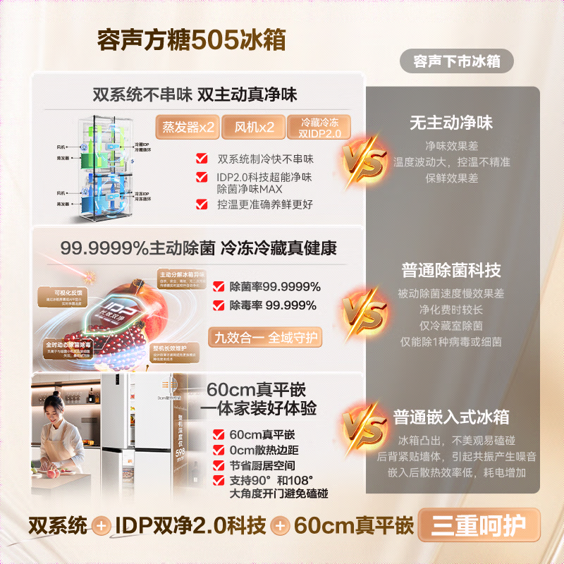 Rongsheng Tangtang 505 active dual-purification dual-system cross four-door ultra-thin zero-embedded refrigerator household first-class energy efficiency national subsidy BCD-505P60CZMAD Yueyan White