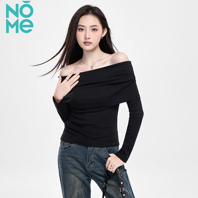 NOME long-sleeved women's spring and autumn new high-end black off-shoulder one-shoulder pure desire bottoming top black M