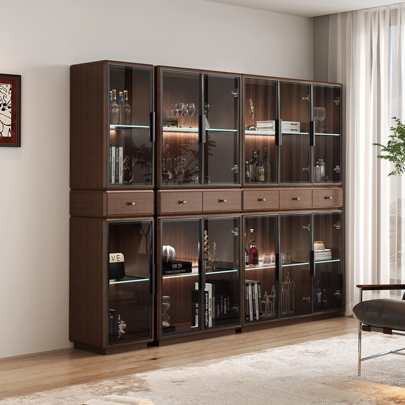 Qiuke home living room wine cabinet integrated wall-mounted light luxury glass bookcase office file cabinet new Chinese style solid wood display cabinet