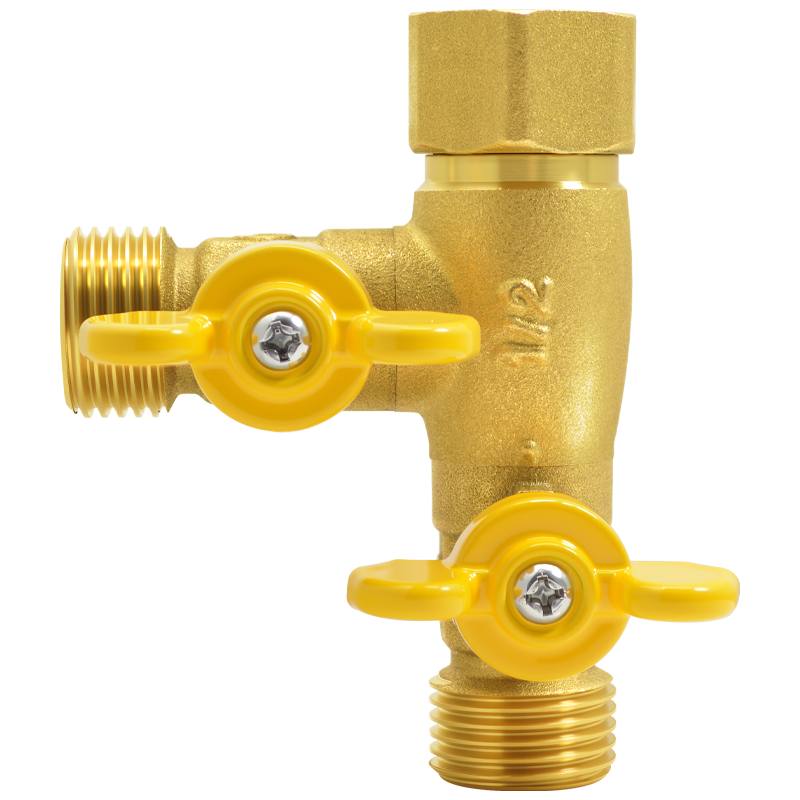A beautiful brass thickened gas valve, natural gas switch ball valve, 4-point union, one-point, two-way, three-way gas valve, copper color, left T-shaped, 4-point outer wire union, tee