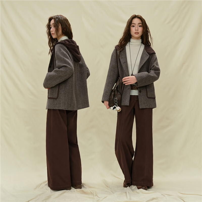 Giordano designer woolen jacket women's new fake two-piece color matching loose hooded jacket 18375715