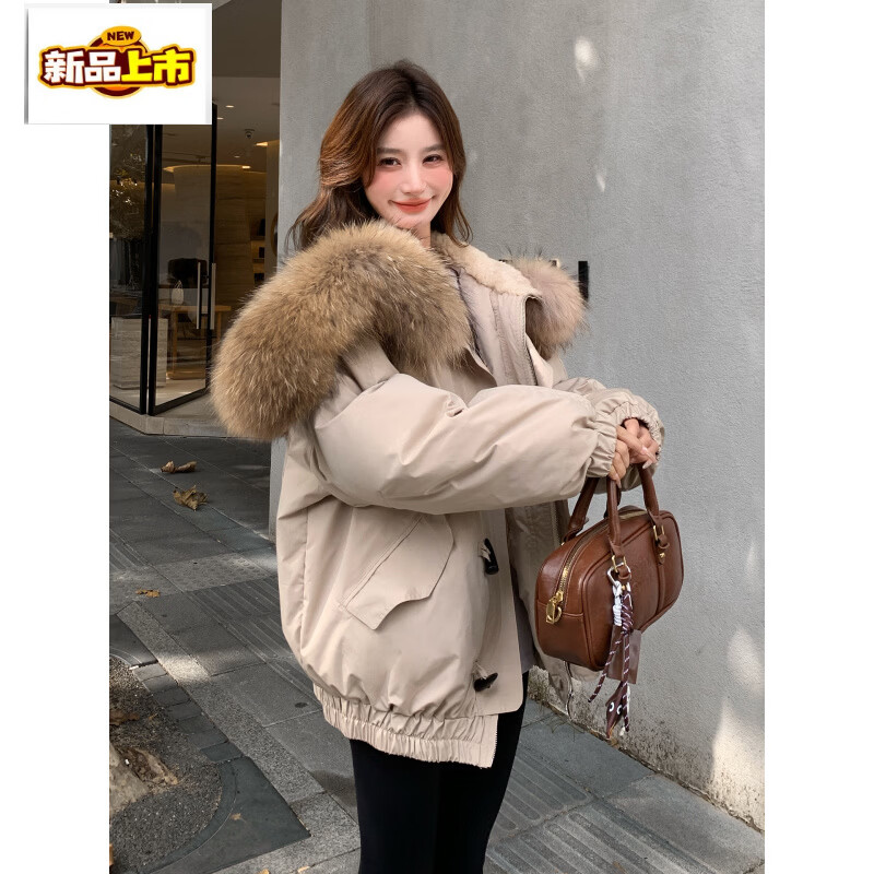 Chujing's new high-quality and good-looking thick winter coat Korean short style parka large fur collar warm down jacket khaki 90 white duck down upgraded model XL recommended within 145 pounds