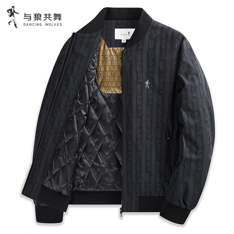 Dances with Wolves Thermal heating & thickened quilting Trendy all-over printed baseball collar warm men's jacket 001 black M