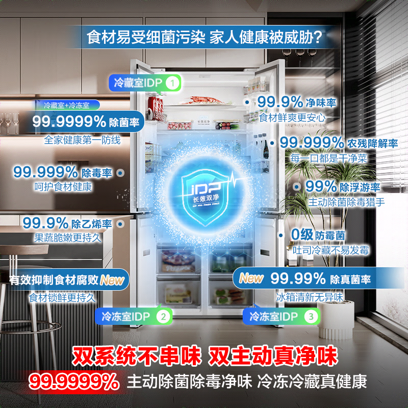 Rongsheng Tangtang 505 active dual-purification dual-system cross four-door ultra-thin zero-embedded refrigerator household first-class energy efficiency national subsidy BCD-505P60CZMAD Yueyan White