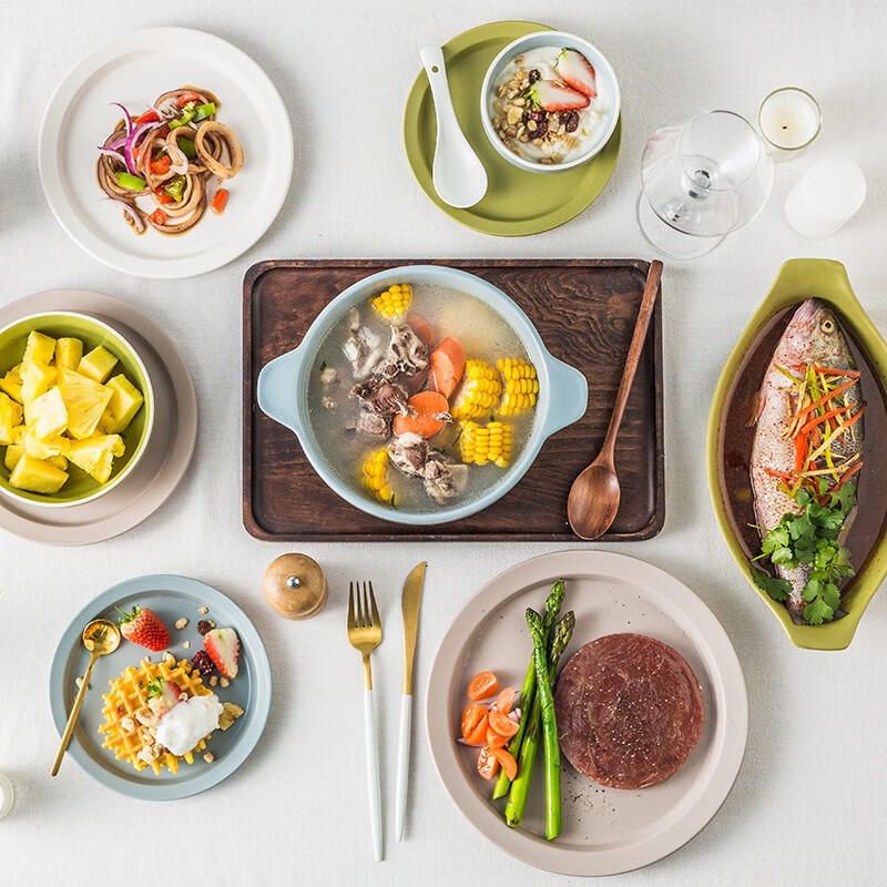 Yi Jia (IJARL) Ceramic Bowl Tableware Set Nordic Plate Spoon Tableware Housewarming Gift Box Manhattan 46-piece Set