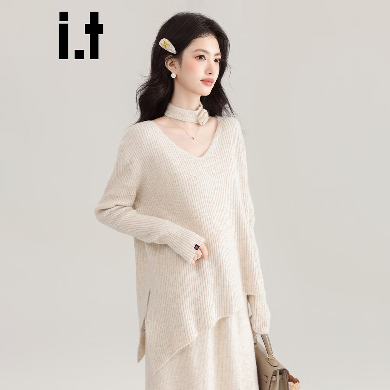 CHOCOOLATEit French irregular hem knitted sweater set for women, winter high-end skirt two-piece set, apricot M