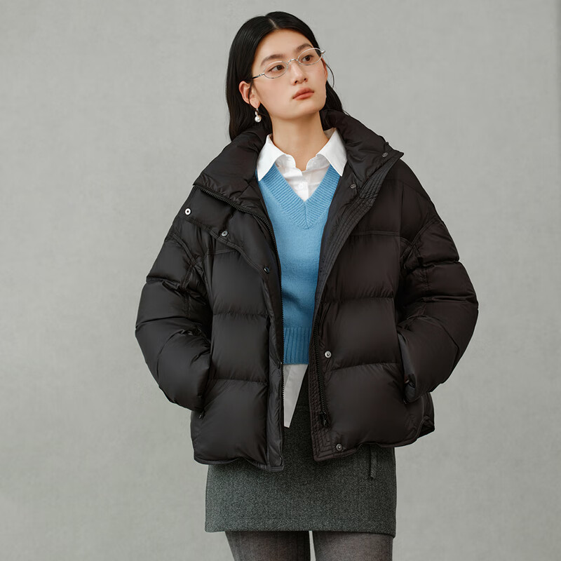 Ai Lai Down Jacket Women's Light Warm Bread Jacket Puff Short Removable Hooded Goose Down New Year's Jacket Moon Night Black S