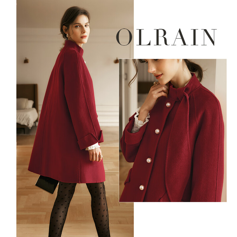 Olrain red woolen coat women's winter elegant French commuter double-sided woolen coat red M