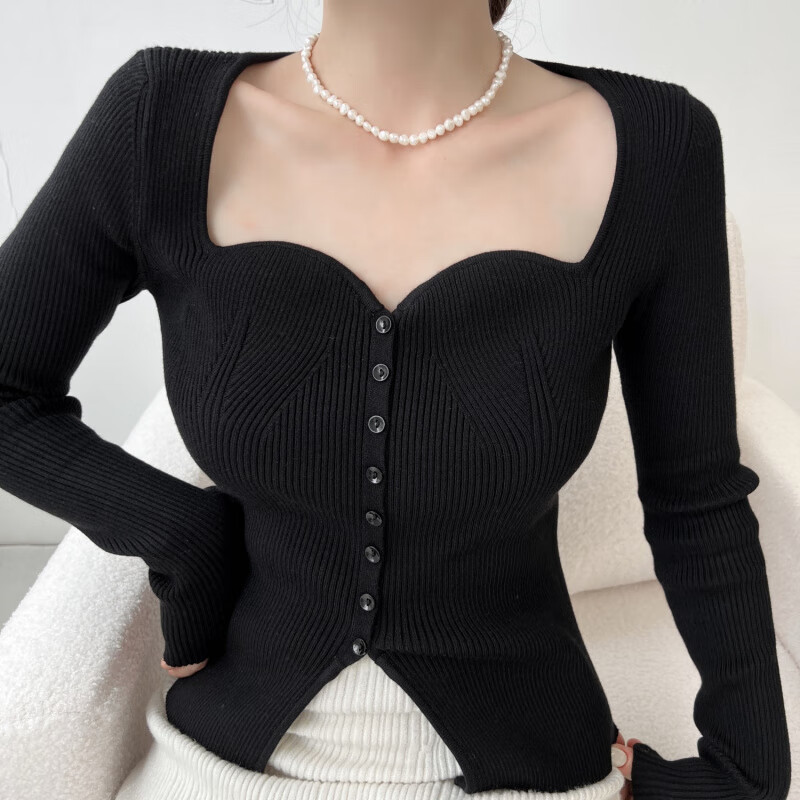 Pierre Cardin French Hong Kong style retro burgundy slim-fitting sweater long-sleeved square neck wave collar buttoned bottoming shirt top for women trendy red S